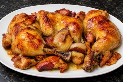 Thumbnail for Frango assado no forno com sopa de cebola e cerveja. Receita simples e cheia de sabor.